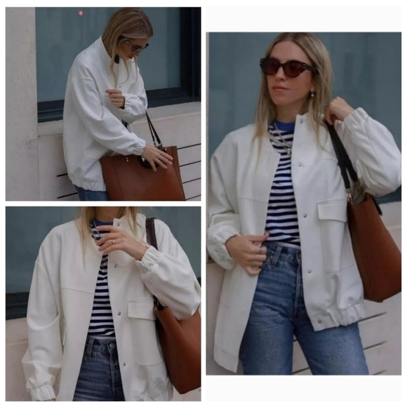 New Zara Longline Patch Pockets Oyster White Bomber Jacket Blogger Fav Small - Picture 1 of 17